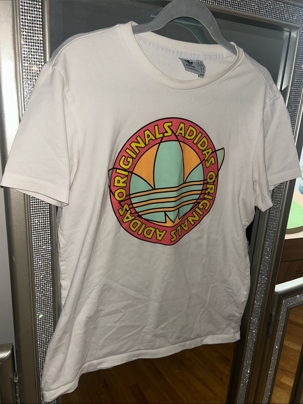 adidas Originals White Short-Sleeve Tee with Multicolor Trefoil Graphic Medium